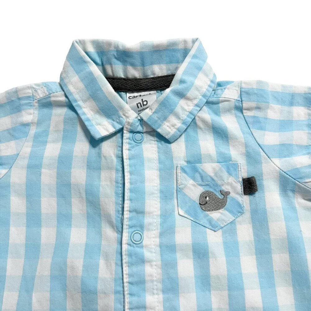 Carter's NB Newborn Light Blue Gingham Plaid Romper - Picture 3 of 5